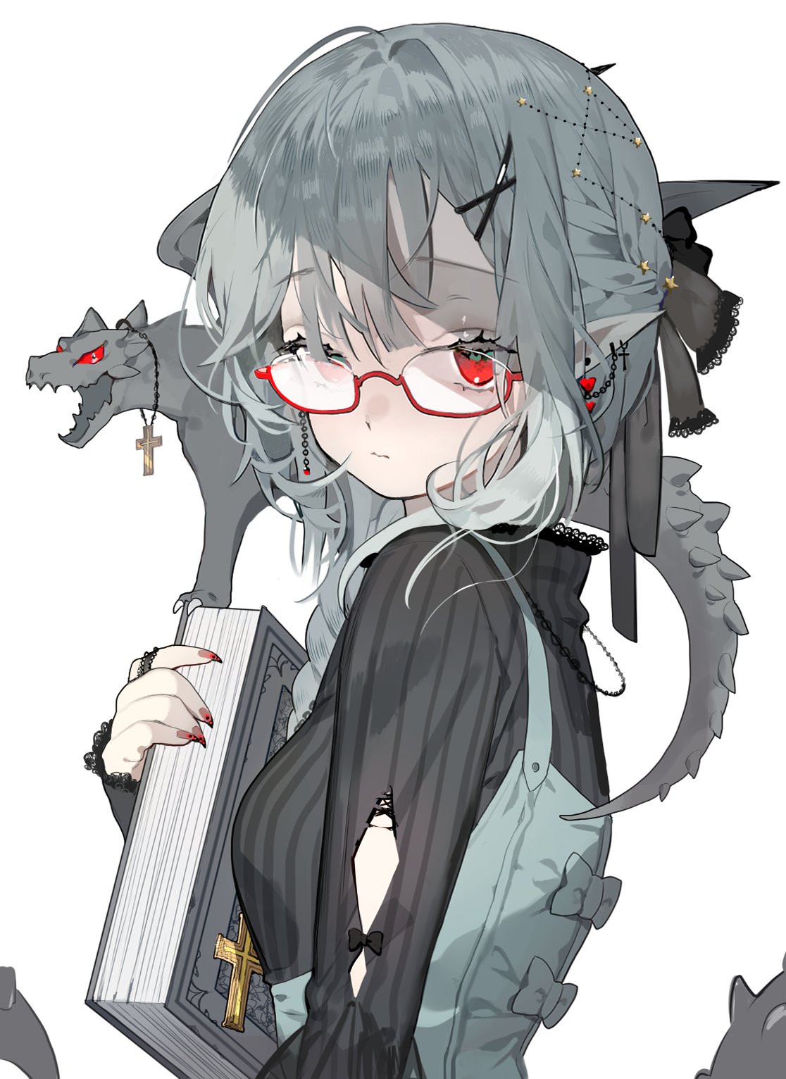 1girl, animal_on_shoulder, bangs, black_ribbon, black_sweater, book, bow, braid, breasts, chain, closed_mouth, clothing_cutout, colored_sclera, cross, cross_earrings, cross_necklace, dragon, dress, earrings, eyelashes, fingernails, french_braid, from_side, glasses, grey_bow, grey_hair, hair_ornament, hair_over_shoulder, hair_ribbon, hairclip, hand_up, heart, heart_earrings, highres, holding, holding_book, jewelry, karohroka, lace-trimmed_sweater, linked_piercing, long_hair, long_sleeves, looking_at_viewer, looking_to_the_side, mini_dragon, necklace, open_mouth, original, piercing, pinafore_dress, pointy_ears, red-framed_eyewear, red_eyes, red_nails, red_sclera, ribbon, ring, semi-rimless_eyewear, shade, sharp_fingernails, simple_background, sleeves_past_wrists, star_(symbol), star_hair_ornament, sweater, turtleneck, under-rim_eyewear, upper_body, western_dragon, white_background, x_hair_ornament, yellow_eyes