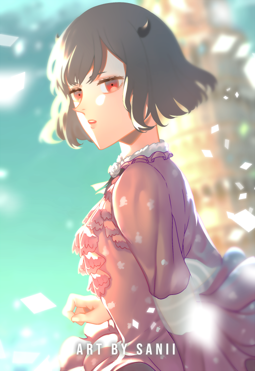 1girl, artist_name, black_clover, black_hair, bob_cut, demon_horns, dress, frilled_dress