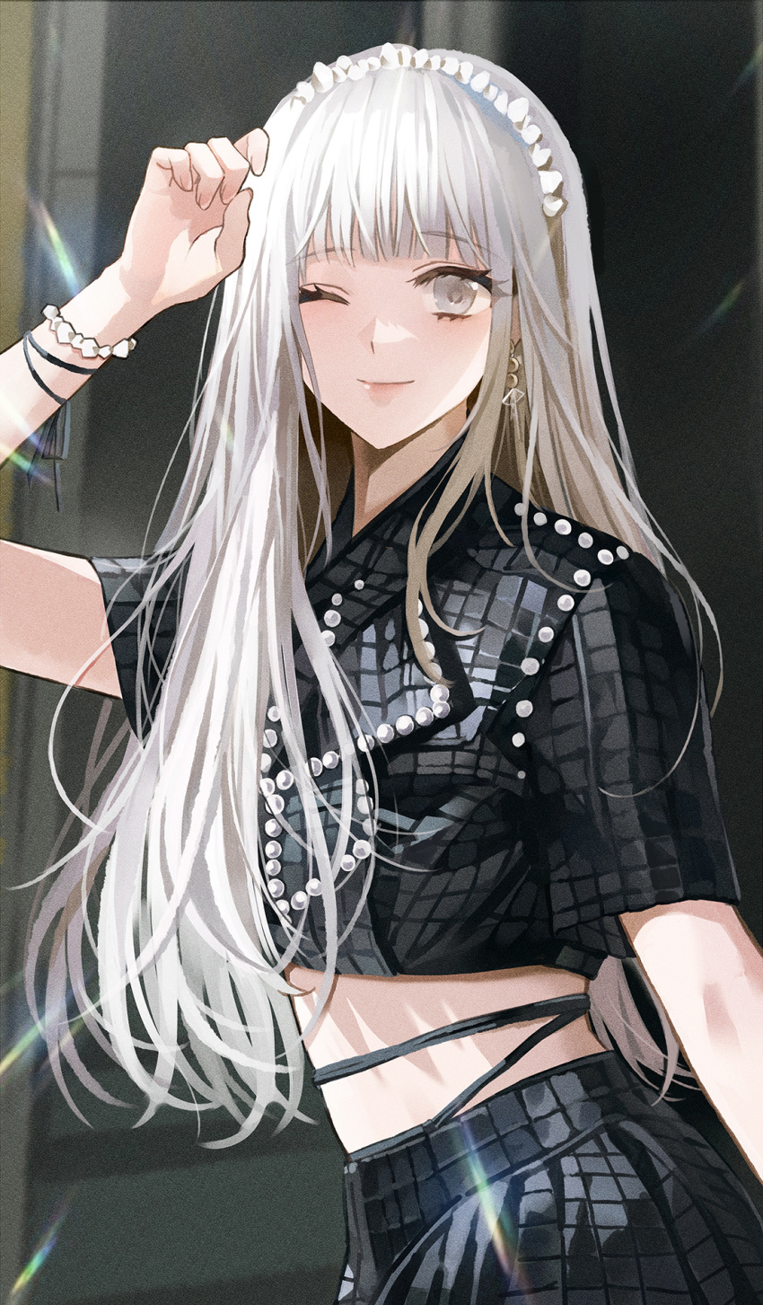 1girl, 1yeol_eum, arm_up, bangs, bead_bracelet, beads, black_shirt, black_skirt, blunt_bangs, bracelet, highres, jewelry, korean_commentary, long_hair, looking_at_viewer, one_eye_closed, original, shirt, short_sleeves, skirt, smile, solo, straight_hair, upper_body, white_eyes, white_hair