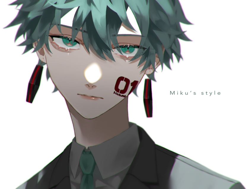 1boy, animal_ears, aqua_eyes, aqua_hair, blazer, body_writing, check_character, closed_mouth