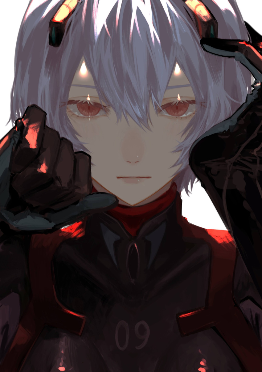 1girl, ayanami_rei, backlighting, bangs, black_bodysuit, black_gloves, blue_hair, bodysuit