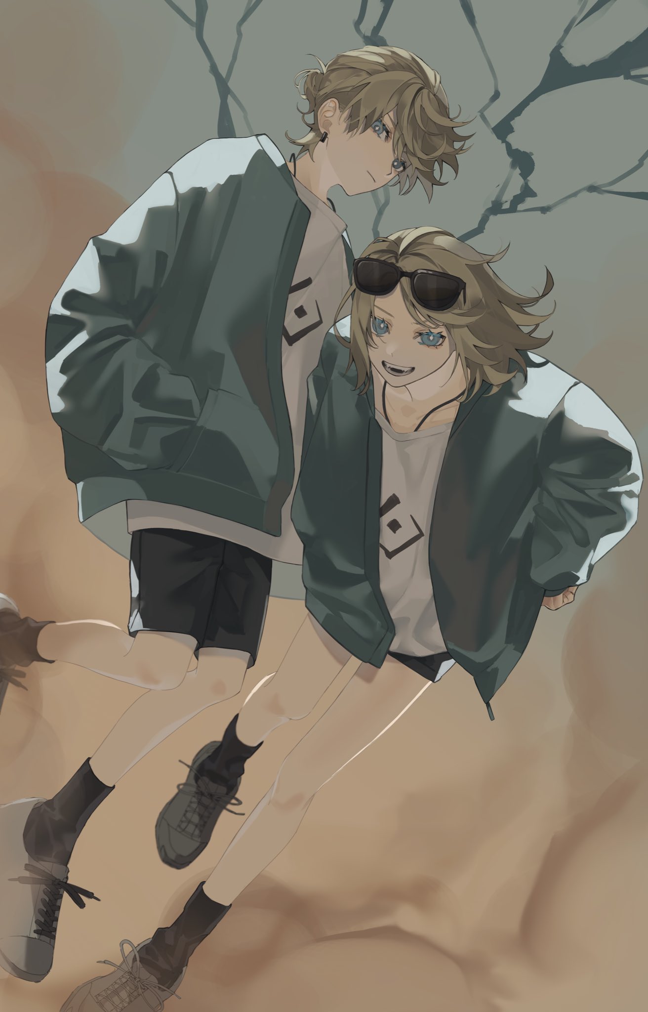 1boy, 1girl, bangs, black_footwear, black_shorts, black_socks, blue_eyes, closed_mouth, dust, dutch_angle, earrings, eyewear_on_head, floating, floating_hair, hair_bun, hands_in_pockets, highres, jewelry, kagamine_len, kagamine_rin, leaning_forward, light_brown_hair, light_smile, lightning, long_sleeves, looking_at_viewer, maaroso_09, matching_outfit, off_shoulder, open_mouth, overcast, pendant, print_shirt, sand, shirt, shoes, short_hair, shorts, single_hair_bun, smile, sneakers, socks, suna_no_wakusei_(vocaloid), sunglasses, swept_bangs, t-shirt, vocaloid
