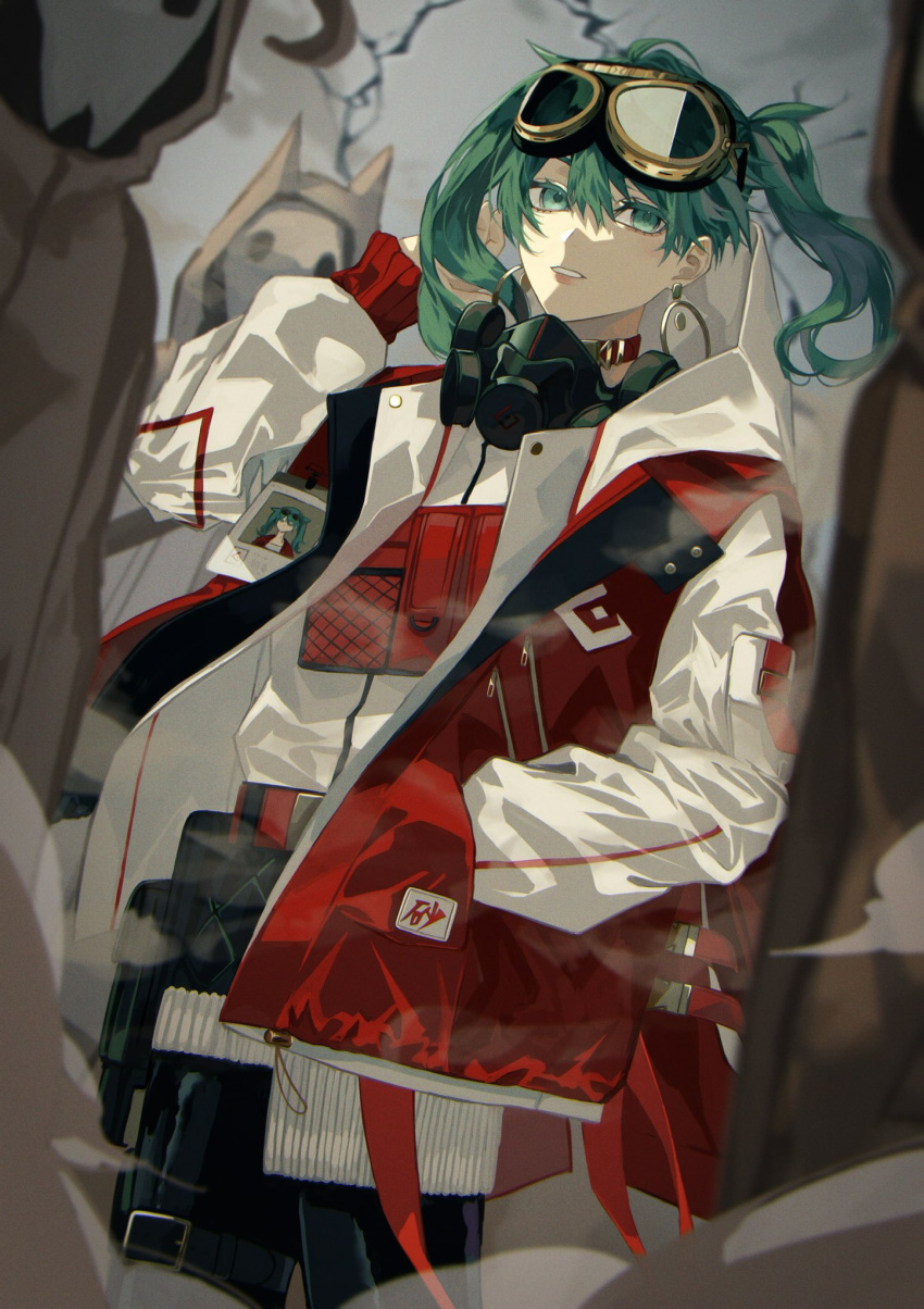 1girl, 3others, animal_ears, aqua_eyes, bangs, belt_pouch, black_pants, blurry, choker, cow, depth_of_field, dust, dutch_angle, floating_hair, goggles, goggles_on_head, green_eyes, green_hair, hair_between_eyes, hand_in_pocket, hand_up, hatsune_miku, highres, hood, hood_up, jacket, lightning, long_hair, long_sleeves, looking_at_viewer, maaroso_09, mask, mask_around_neck, multiple_others, overcast, pants, parted_lips, photo_(object), pouch, red_jacket, respirator, solo_focus, suna_no_wakusei_(vocaloid), twintails, vocaloid
