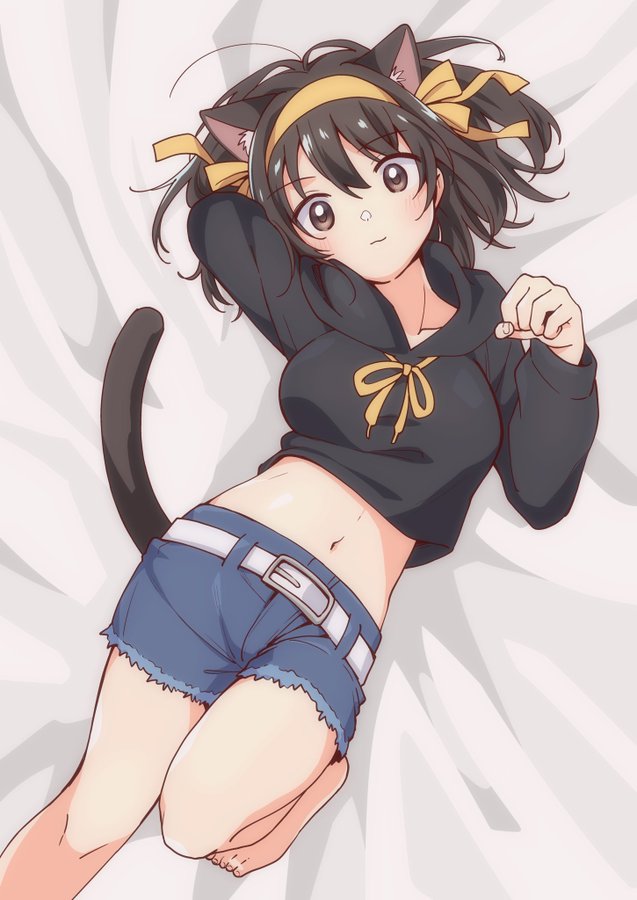 1girl, animal_ears, arm_up, bangs, barefoot, bedsheet, belt, belt_buckle