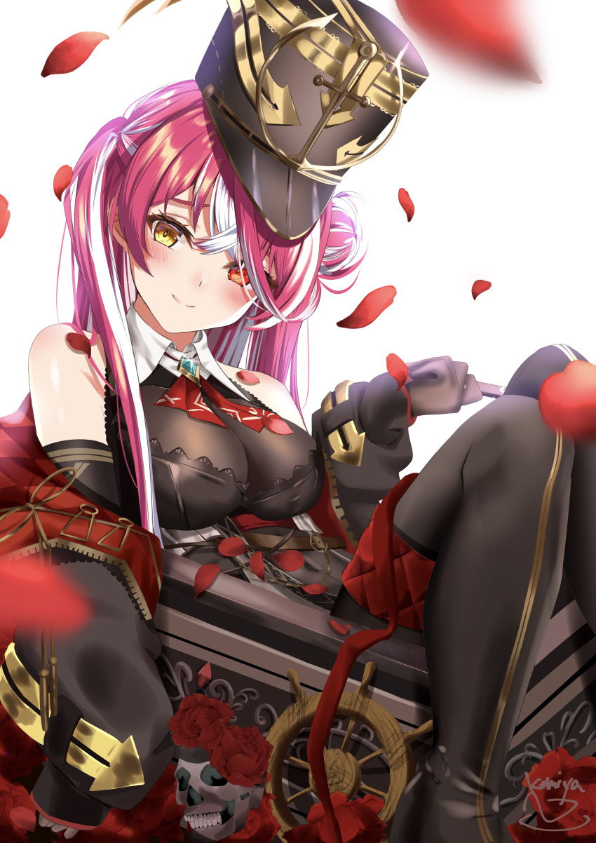 1girl, absurdres, ascot, black_headwear, blush, boots, bow, breasts, hair_between_eyes, hair_bow, hair_ornament, heterochromia, highres, hololive, houshou_marine, jacket, komiya_latte, large_breasts, leotard, leotard_under_clothes, long_hair, looking_at_viewer, pirate, red_ascot, red_eyes, red_ribbon, redhead, ribbon, see-through, see-through_leotard, thigh-highs, thigh_boots, treasure_chest, very_long_hair, virtual_youtuber, yellow_eyes