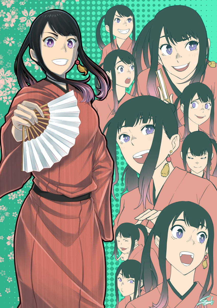 1girl, :d, :o, akane-banashi, black_hair, earrings, folding_fan, gradient_hair