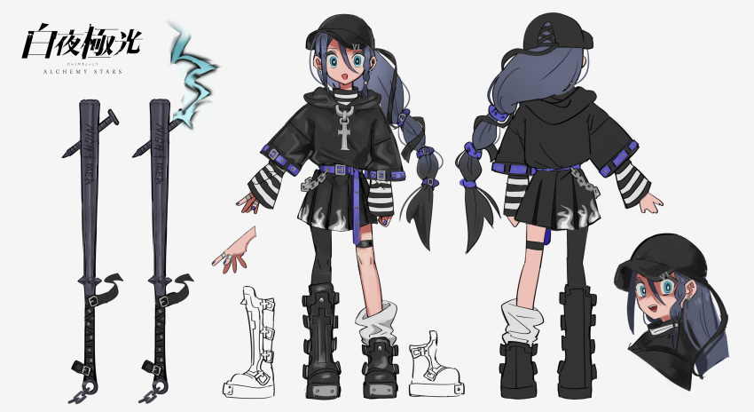 1girl, absurdres, alchemy_stars, asymmetrical_clothes, asymmetrical_footwear, asymmetrical_legwear, baseball_bat, baseball_cap