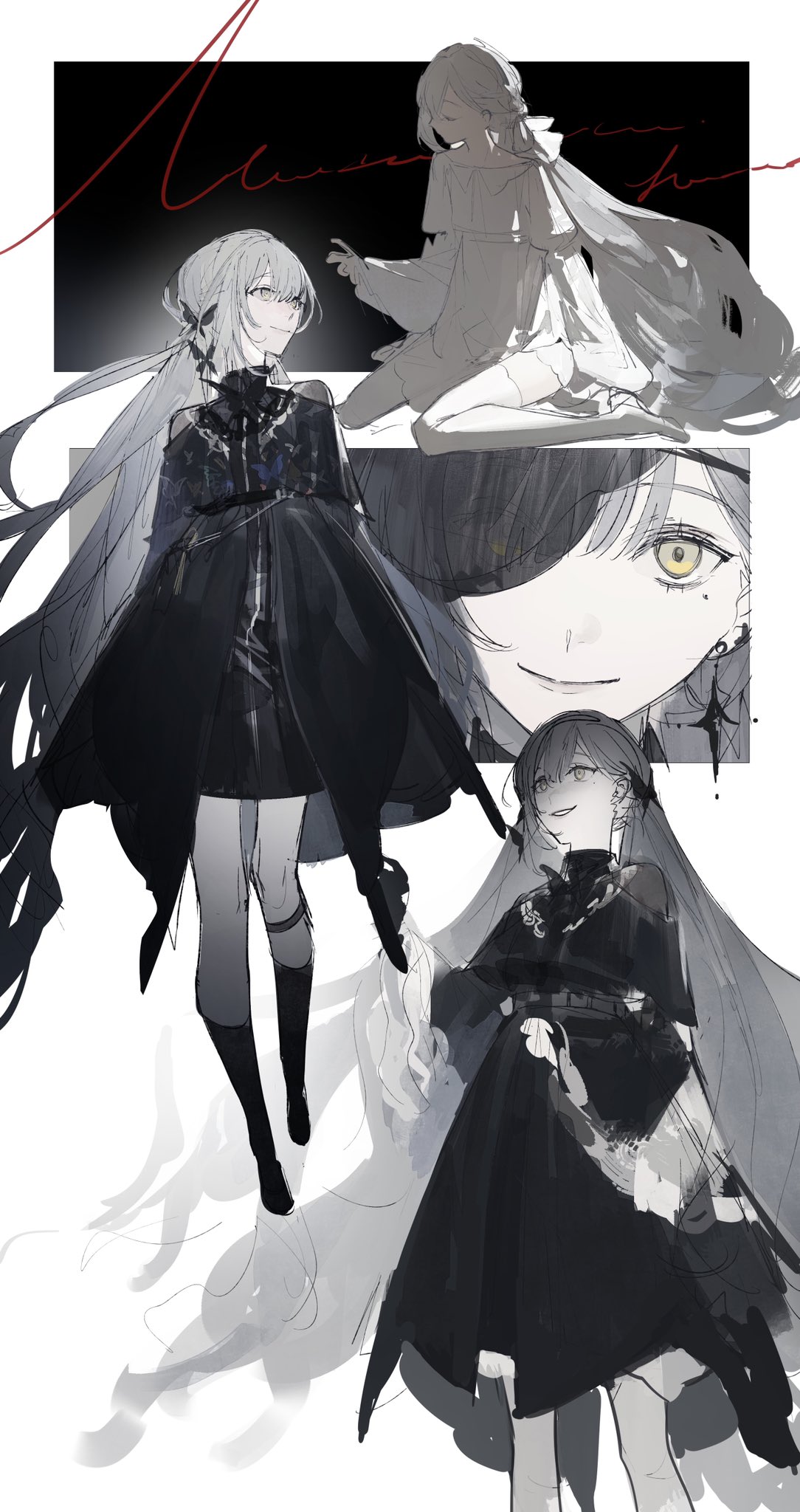 1girl, black_dress, butterfly_hair_ornament, clotho_(girls'_frontline_nc), dress, earrings, full_body, girls'_frontline_neural_cloud, girls_frontline, grey_hair, grin, hair_ornament, highres, jewelry, long_hair, looking_at_viewer, meru02295238, mole, mole_under_eye, multiple_views, one_eye_covered, sitting, smile, very_long_hair, wariza, white_dress, yellow_eyes