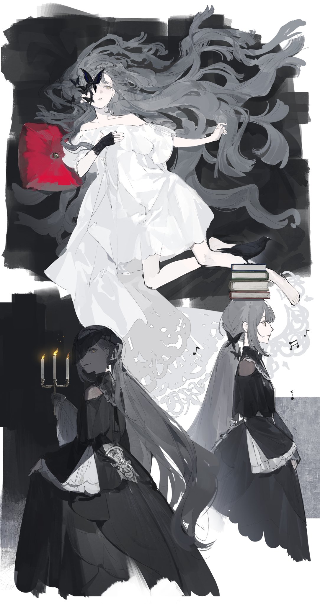 1girl, bare_shoulders, barefoot, black_dress, book, book_on_head, book_stack, butterfly_over_eye, candelabra, candle, clotho_(girls'_frontline_nc), dress, girls'_frontline_neural_cloud, girls_frontline, grey_hair, highres, holding, holding_candle, long_hair, lying, meru02295238, mole, mole_under_eye, multiple_views, musical_note, object_on_head, on_back, one_eye_covered, ponytail, profile, very_long_hair, white_dress, yellow_eyes