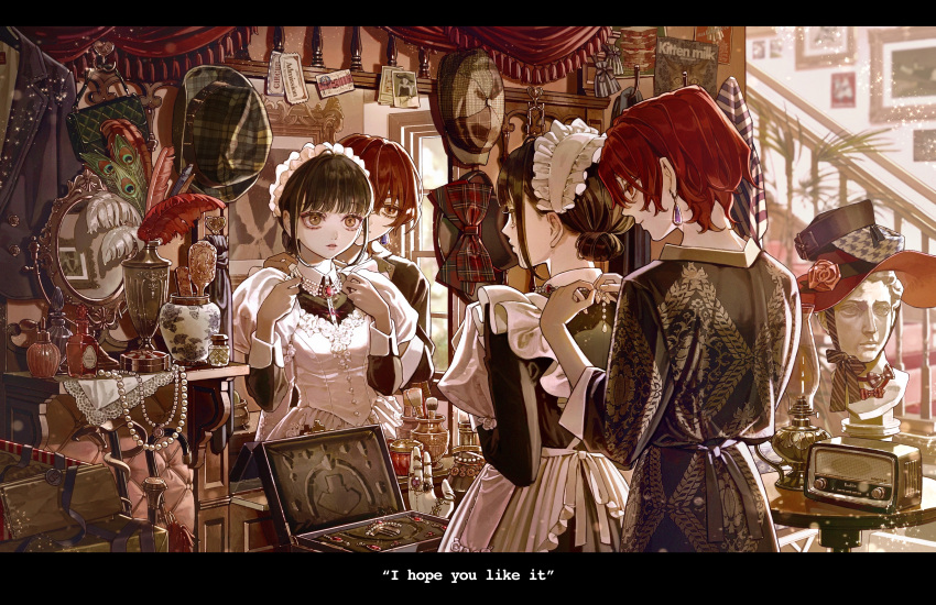 2girls, absurdres, apron, bag, bags_under_eyes, bangs, bead_necklace, beads