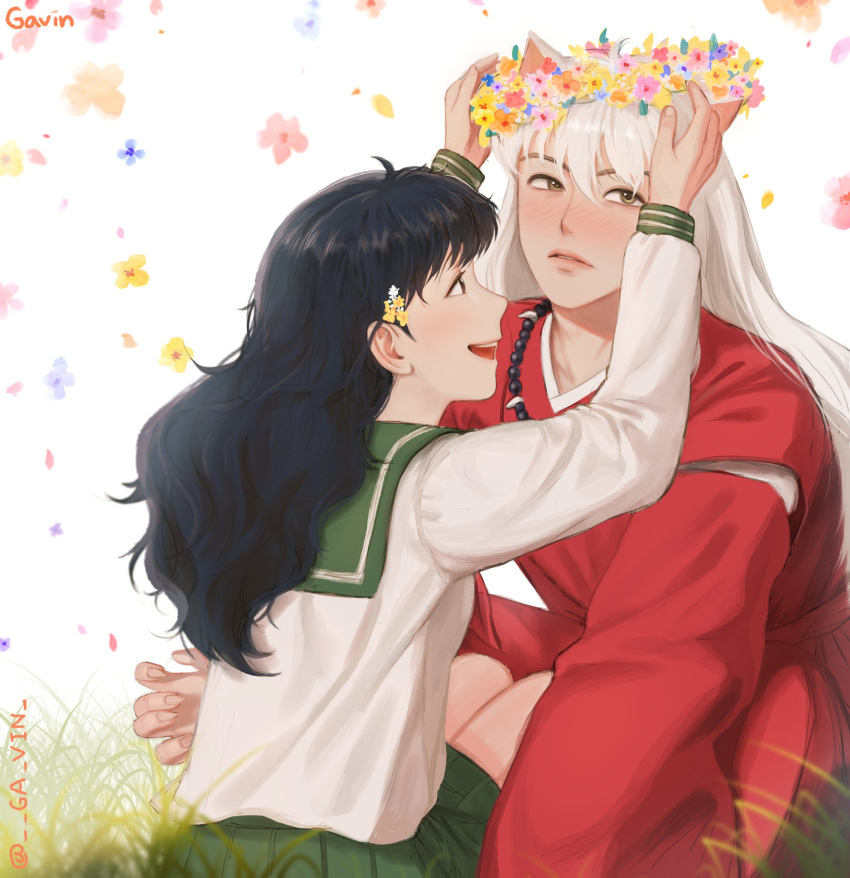 1boy, 1girl, animal_ears, artist_name, bangs, black_hair, blurry, blush