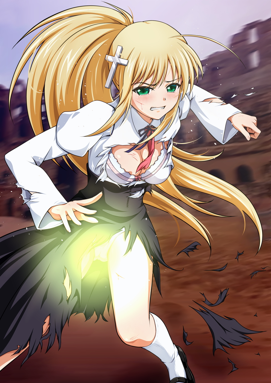 1girl, black_skirt, blonde_hair, blush, bra, breasts, cross_hair_ornament, fukuro_ooji