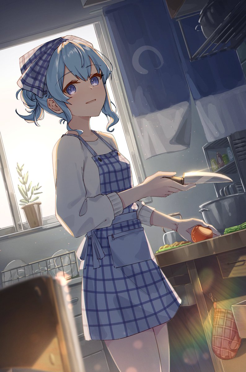 1girl, alternate_costume, apron, blue_eyes, blue_hair, casual, curtains, dishrack