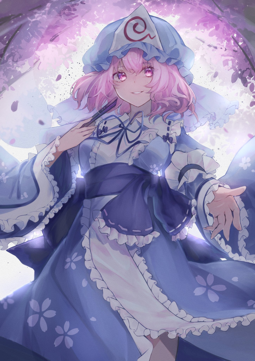 1girl, blue_headwear, blue_kimono, cherry_blossoms, frilled_kimono, frilled_sleeves, frills, hair_between_eyes