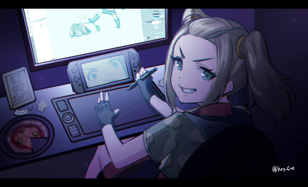 1girl, bangs_pinned_back, camouflage, camouflage_jacket, drawing, drawing_tablet, fingerless_gloves, gloves, green_eyes, grin, hair_tie, hey_cre, jacket, light_brown_hair, looking_at_viewer, monitor, nintendo_switch, screen_light, shania_(xenoblade), sitting, smile, stylus, twintails, xenoblade_chronicles_(series), xenoblade_chronicles_3