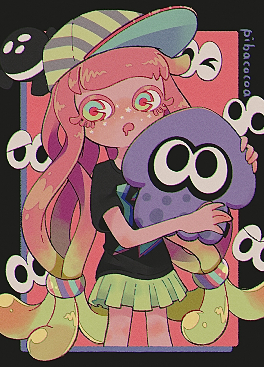 1girl, artist_name, bangs, baseball_cap, black_border, black_shirt, blunt_bangs, blush, border, chromatic_aberration, commentary_request, drooling, eye_focus, female_child, fish, flat_chest, gradient_hair, green_eyes, green_hair, green_headwear, green_skirt, hair_tie, hands_up, harmony's_clownfish_(splatoon), harmony_(splatoon), hat, highres, holding_cushion, inkling, long_hair, looking_at_viewer, miniskirt, mouth_drool, multicolored_hair, nose_blush, open_mouth, outside_border, pibacocoa, pink_hair, pleated_skirt, red_background, red_pupils, shiny, shiny_hair, shirt, short_sleeves, signature, skirt, solo_focus, splatoon_(series), splatoon_3, standing, star_(symbol), striped, striped_headwear, tentacle_hair, tentacles, twintails, two-tone_hair, very_long_hair