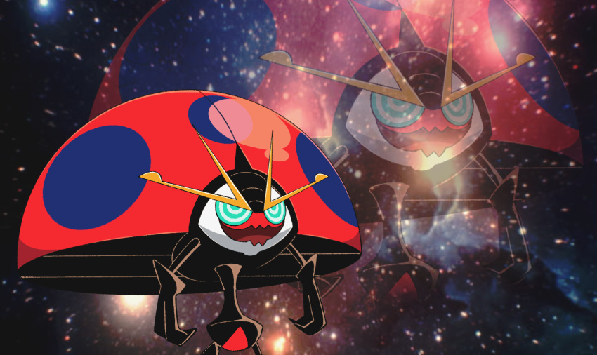 animal_focus, blue_eyes, commentary_request, cowboy_shot, half-closed_eyes, happy, highres, no_humans, open_mouth, orbeetle, partial_commentary, photo_background, pibacocoa, pokemon, pokemon_(creature), ringed_eyes, smile, space, standing, zoom_layer
