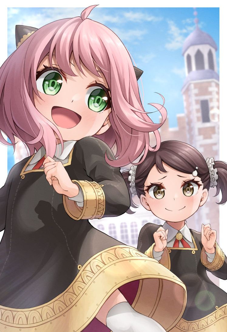 2022, 2girls, anya_(spy_x_family), becky_blackbell, black_dress, black_hair, brown_eyes, closed_mouth, collared_dress, day, dress, female_child, green_eyes, hair_ornament, kneehighs, light_blush, long_sleeves, medium_hair, multiple_girls, open_mouth, outdoors, pink_hair, school_uniform, short_twintails, smile, socks, spy_x_family, ten_(tenchan_man), twintails, white_socks
