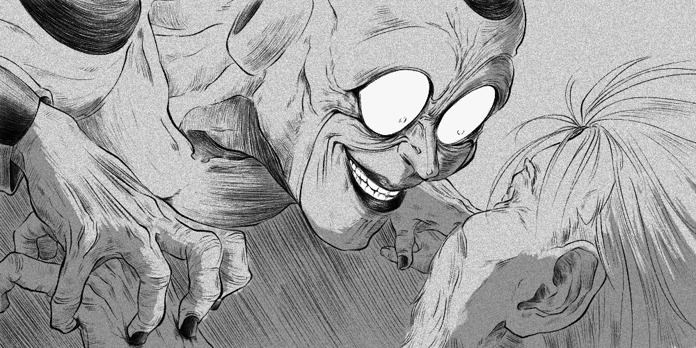 2boys, beard, constricted_pupils, crazy_eyes, crazy_grin, crazy_smile, dragon_ball, dragon_ball_z, eye_contact, facial_hair, frieza, greyscale, grin, jorongbak, king_vegeta, looking_at_another, male_focus, monochrome, multiple_boys, parody, smile, the_lion_king