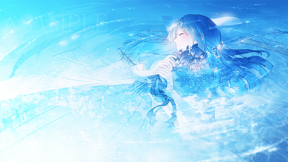 1girl, blue_hair, blue_ribbon, blue_theme, bouquet, clock, closed_eyes, closed_mouth