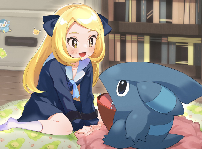 1girl, :d, abe_(kumayu), aged_down, black_dress, black_ribbon, blonde_hair, blue_ribbon