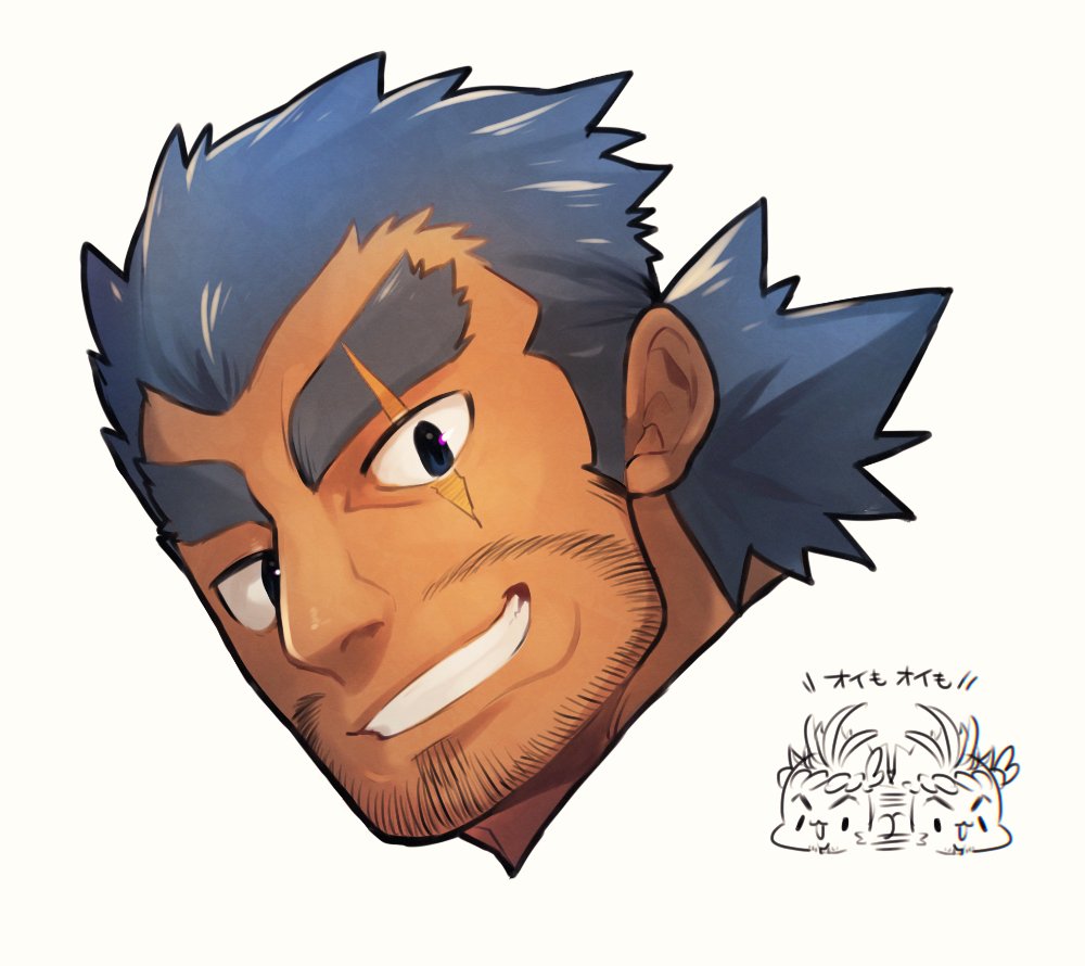 1boy, beard, blue_eyes, blue_hair, chibi, chibi_inset, close-up, commentary_request, eyebrow_cut, facial_hair, grin, head_only, jormungandr_(f-kare), long_sideburns, looking_at_viewer, low_ponytail, male_focus, mature_male, mid_(mid_skb), scar, scar_across_eye, scar_on_face, sideburns, smile, solo, thick_eyebrows, tokyo_afterschool_summoners, yamasachihiko_(housamo)