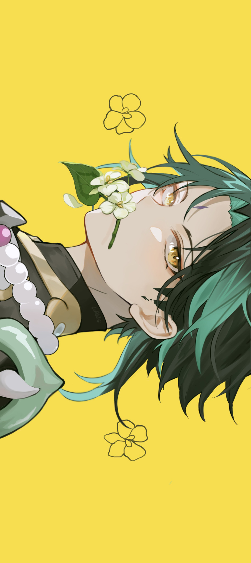 1boy, absurdres, aqua_hair, bangs, black_hair, black_shirt, closed_mouth, commentary_request