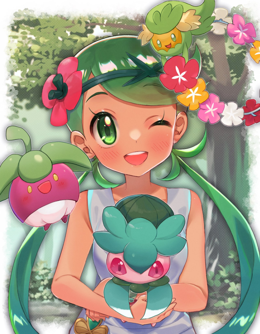 1girl, ;d, abe_(kumayu), bangs, blush, bounsweet, comfey, commentary_request