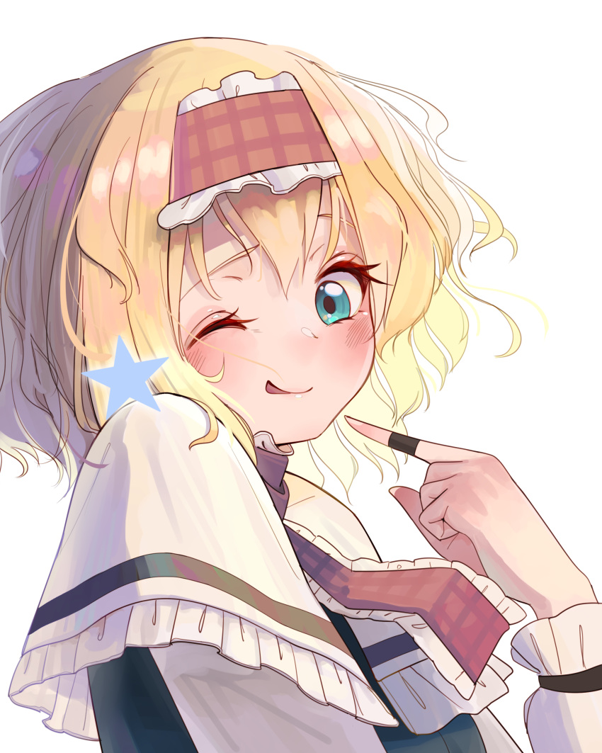 1girl, ;q, absurdres, alice_margatroid, aqua_eyes, blonde_hair, blush, capelet