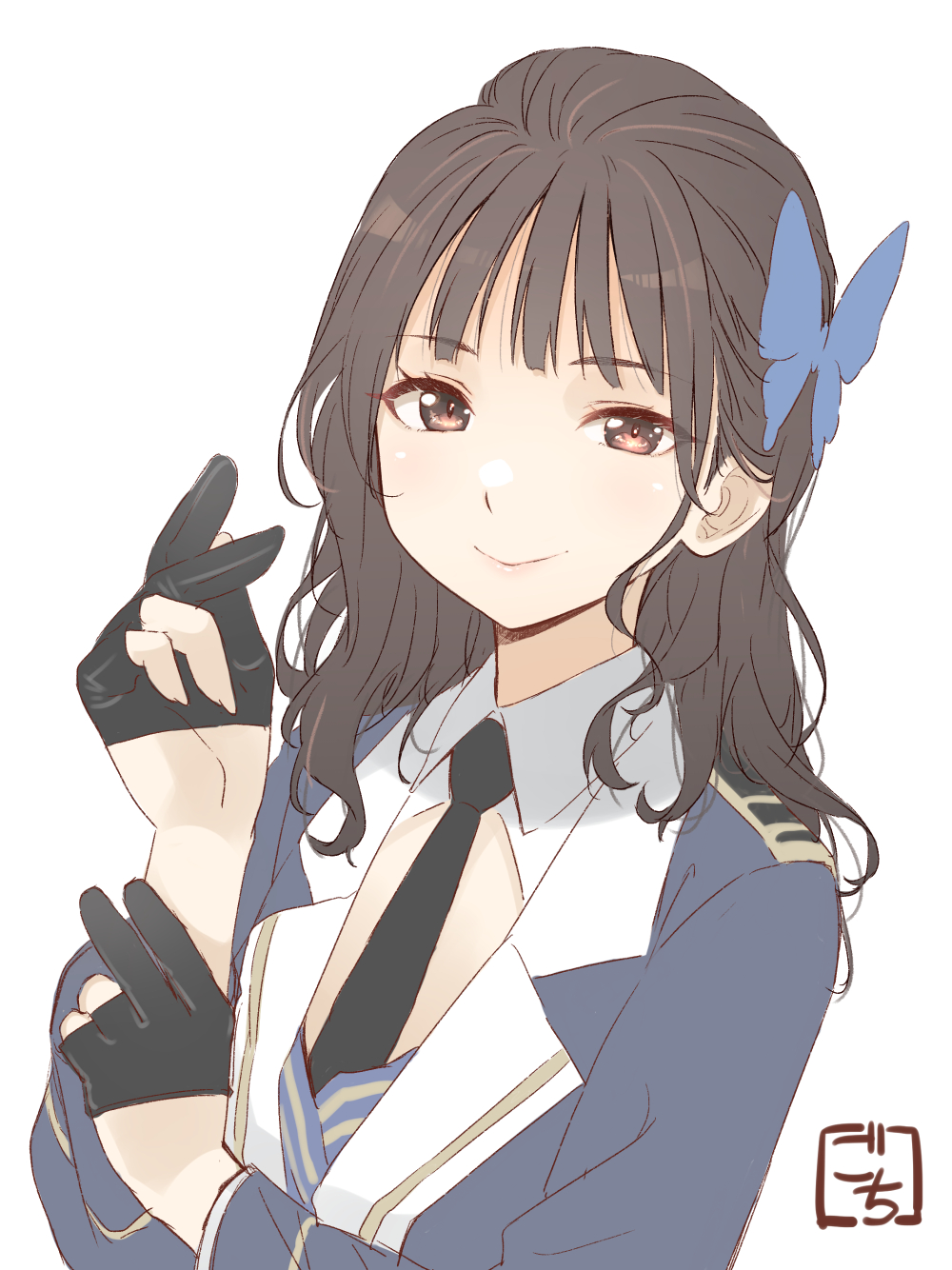 1girl, artist_name, assault_lily, bangs, black_gloves, black_necktie, blue_jacket, brown_eyes