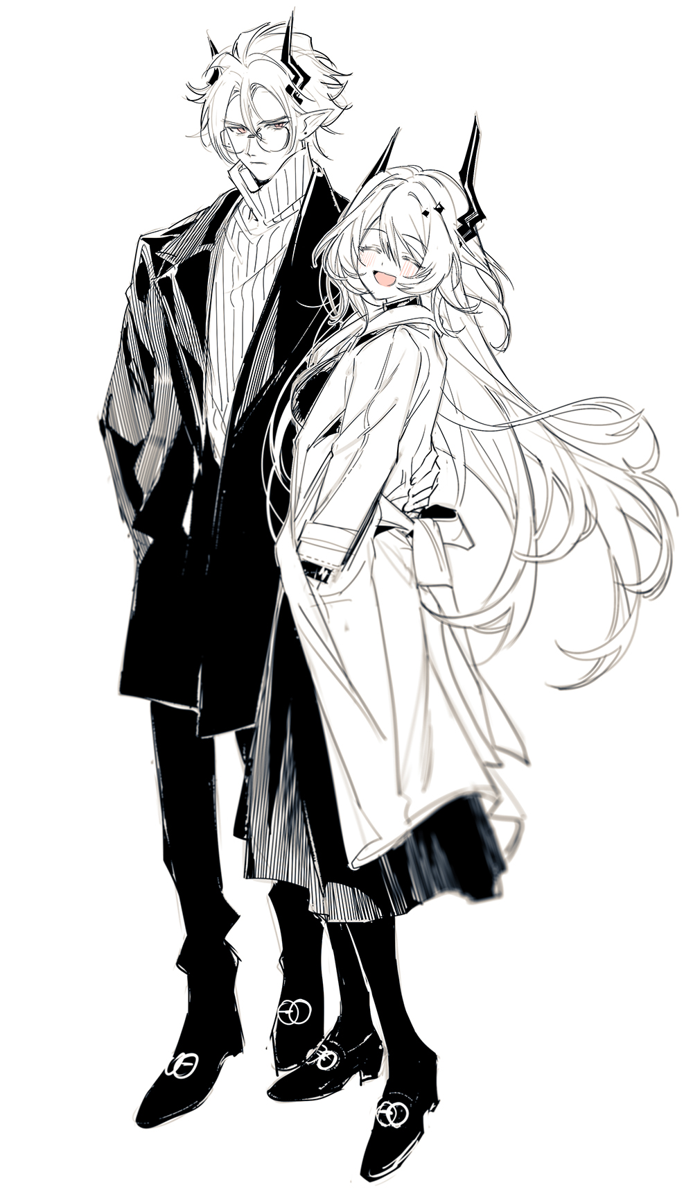 1boy, 1girl, :d, arknights, arm_around_waist, bespectacled, blush, breasts
