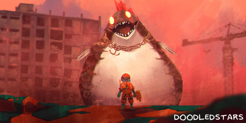 1other, anchor, anchor_necklace, arms_at_sides, artist_name, blank_eyes, blurry, blurry_foreground, boots, building, chain, chromatic_aberration, clouds, cohozuna, commentary, crane_(machine), doodledstars, english_commentary, from_behind, giant, gloves, glowing, glowing_eyes, green_footwear, green_gloves, helmet, holding, holding_weapon, jewelry, jumpsuit, lifebuoy, mohawk, necklace, octoling, open_mouth, orange_headwear, orange_jumpsuit, orange_sky, other_focus, outdoors, redhead, ruins, salmon_run_(splatoon), signature, sky, slime_(substance), splatoon_(series), splatoon_3, splattershot_(splatoon), straight-on, sunset, teeth, tongue, weapon, yellow_eyes