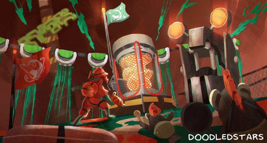 1other, artist_name, basket, blurry, blurry_background, boots, chain-link_fence, chromatic_aberration, chum_(splatoon), commentary, doodledstars, english_commentary, facing_another, fence, flag, from_behind, frying_pan, full_body, gloves, glowing, glowing_eyes, golden_egg, green_footwear, green_gloves, helmet, holding, holding_frying_pan, holding_weapon, jumpsuit, lifebuoy, mohawk, octoling, orange_eyes, orange_headwear, orange_jumpsuit, orange_sky, other_focus, outdoors, redhead, salmon_run_(splatoon), short_hair, signature, sky, slime_(substance), smallfry_(splatoon), splatoon_(series), splatoon_3, splattershot_(splatoon), standing, steel_eel, tentacle_hair, tentacles, weapon