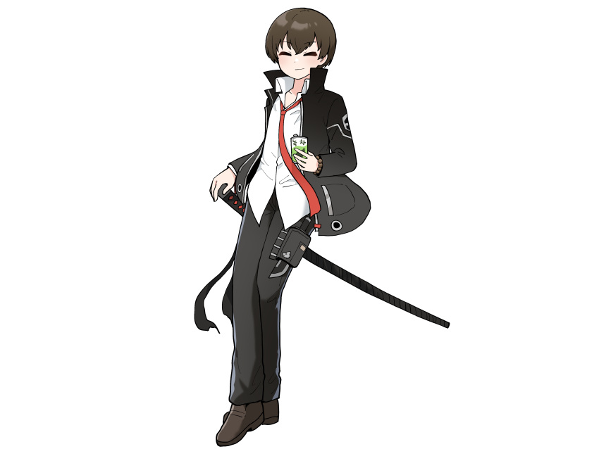 1boy, absurdres, artist_request, bangs, black_hair, black_jacket, black_pants, closed_eyes, counter:side, facing_viewer, full_body, highres, holding, holster, jacket, joo_shiyoon, katana, knife, korean_text, necktie, official_art, open_clothes, open_collar, open_jacket, pants, pocket, red_necktie, sheath, sheathed, shirt, short_hair, solo, sword, thigh_holster, translation_request, untucked_shirt, weapon, white_shirt