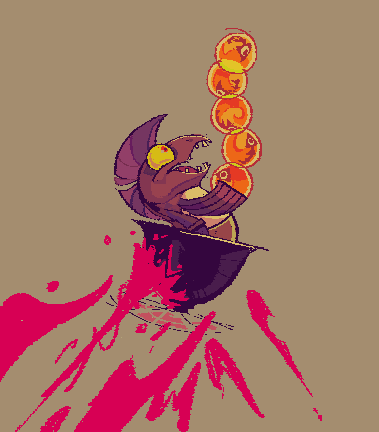 animal_focus, brown_background, bulging_eyes, colored_sclera, commentary, english_commentary, floating, from_side, golden_egg, groceryghosts, happy, ink, looking_up, mohawk, no_humans, open_mouth, profile, purple_hair, red_eyes, salmon_run_(splatoon), short_hair, simple_background, sketch, smile, snatcher_(splatoon), solo, splatoon_(series), splatoon_3, splatter, stack, teeth, wide-eyed, yellow_sclera