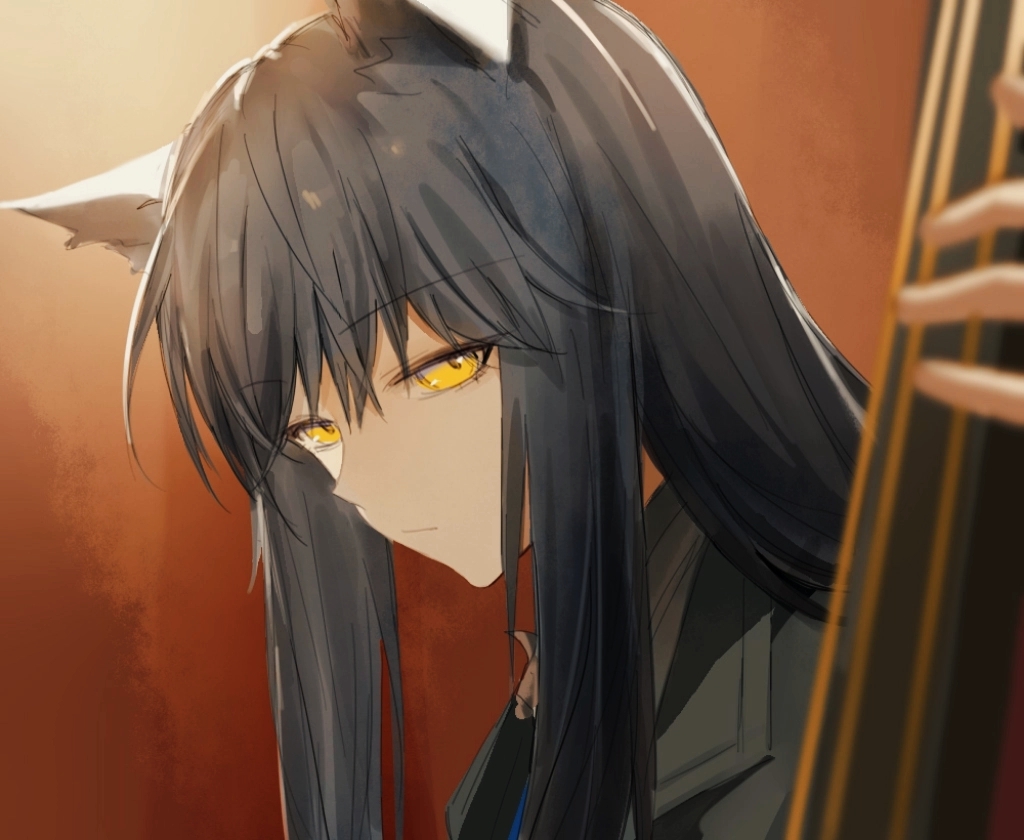 1girl, animal_ears, arknights, black_hair, blurry, blurry_foreground, closed_mouth, depth_of_field, double_bass, from_side, instrument, long_hair, looking_at_viewer, looking_to_the_side, shenhuili, sidelocks, solo, texas_(arknights), texas_the_omertosa_(arknights), upper_body, wolf_ears, yellow_eyes