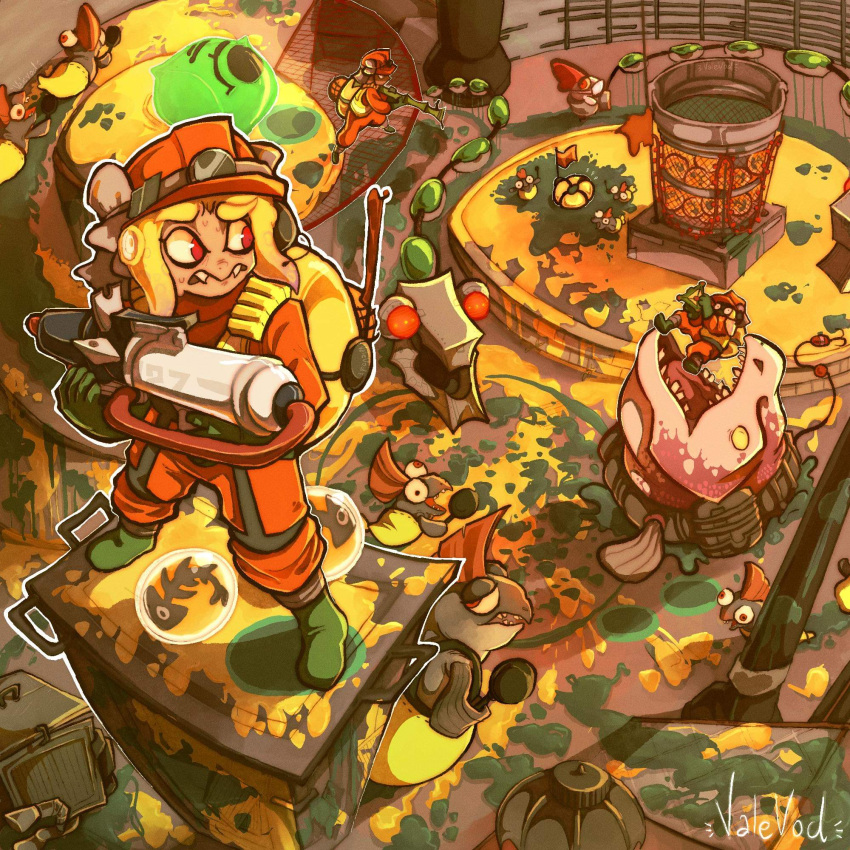 1girl, 2others, artist_name, bamboozler_14_(splatoon), black_eyes, blonde_hair, boots, bulging_eyes