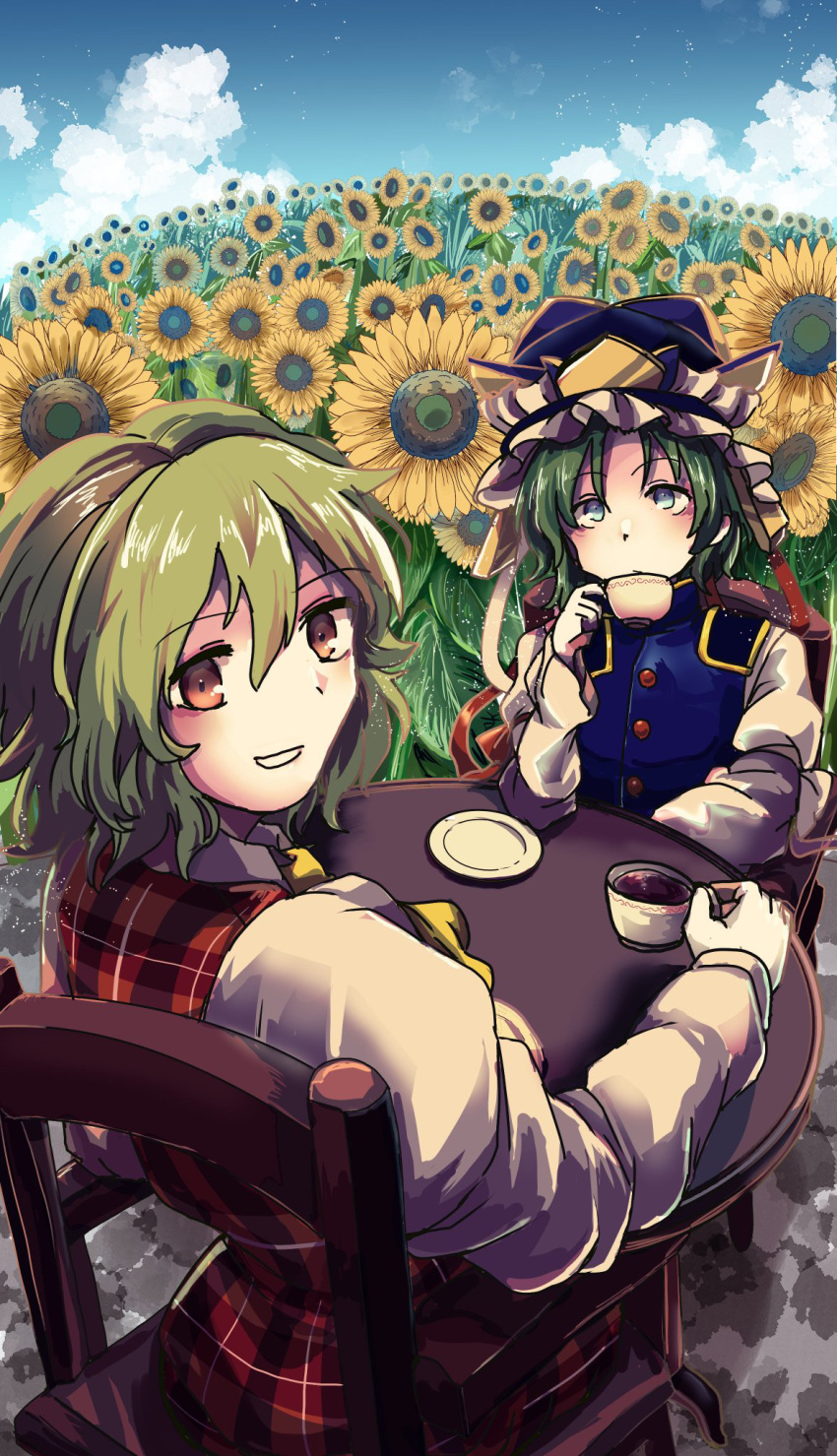 2girls, apapo, ascot, blue_eyes, blue_sky, blue_vest, brown_eyes, chair