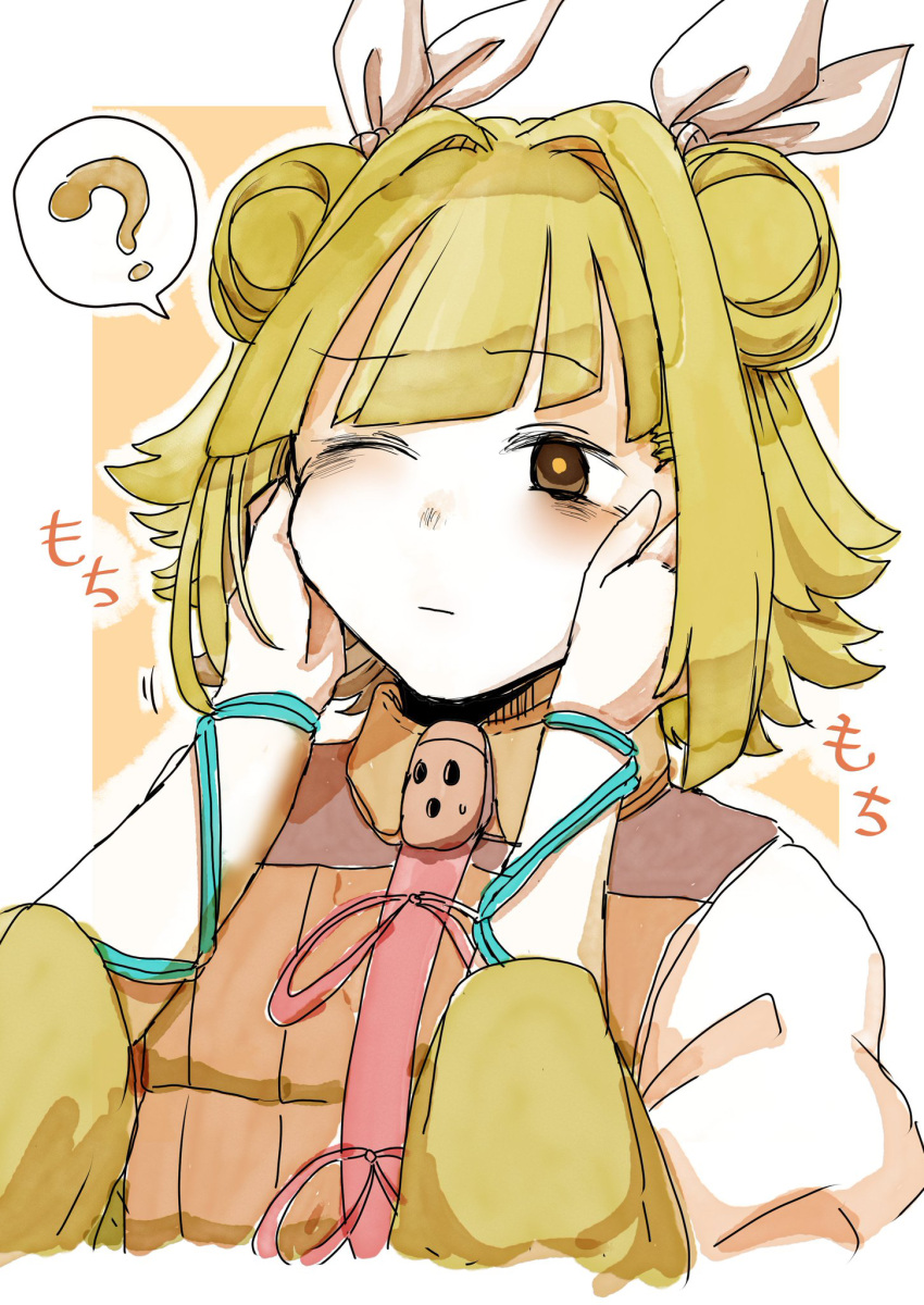1girl, ;|, ?, apapo, armor, armored_dress, blonde_hair, cheek_pinching