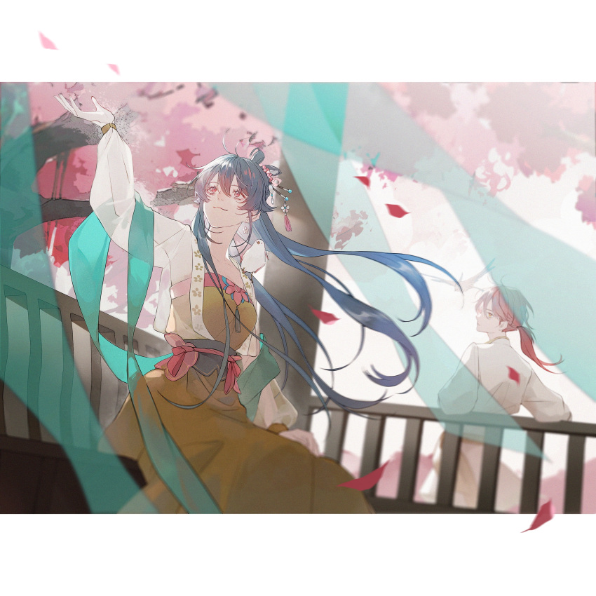 1boy, 1girl, :3, absurdres, bangs, blue_hair, chinese_clothes, chinese_commentary