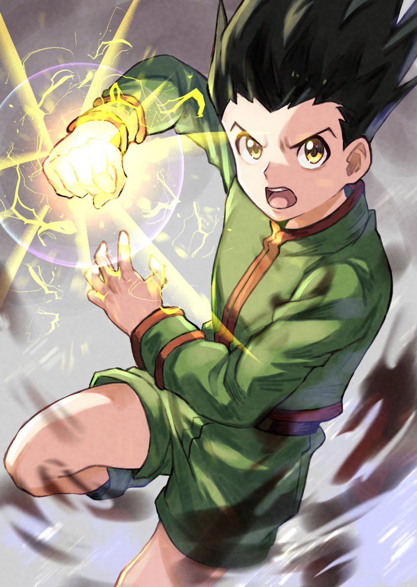 1boy, black_hair, brown_eyes, gon_freecss, green_hair, green_jacket, green_shorts, hand_up