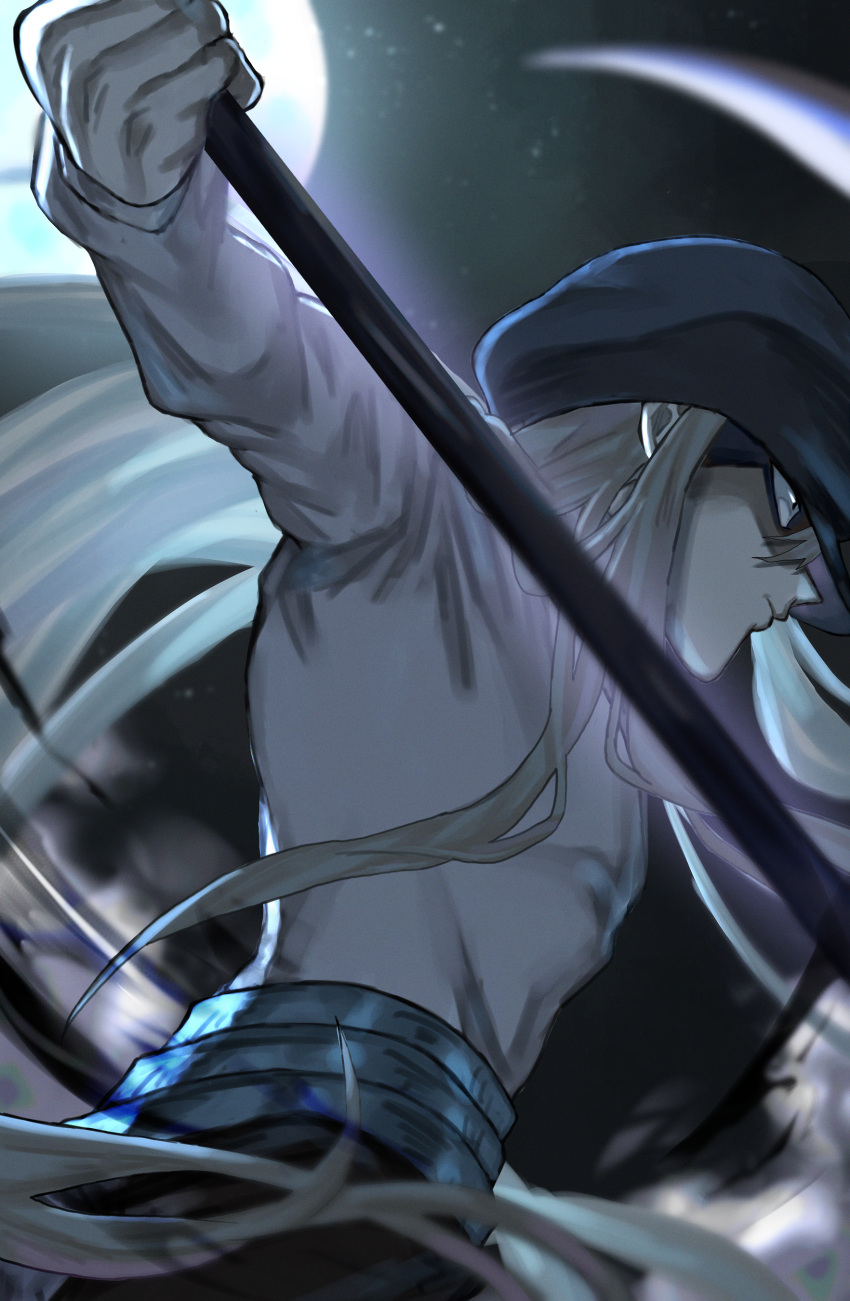 1boy, absurdres, fighting_stance, from_below, highres, holding, holding_scythe, hunter_x_hunter