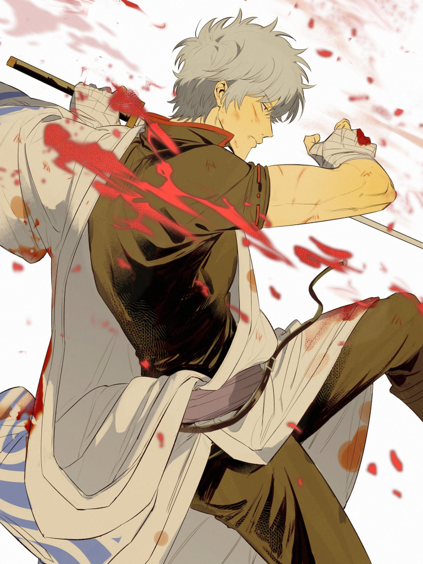 1boy, blood, blood_splatter, caosishao, cuts, feet_out_of_frame, fighting_stance, from_side, gintama, hadanugi_dousa, highres, holding, holding_sword, holding_weapon, injury, japanese_clothes, kimono, looking_to_the_side, male_focus, open_clothes, open_kimono, sakata_gintoki, short_hair, short_sleeves, solo, sword, toned, toned_male, weapon, white_hair