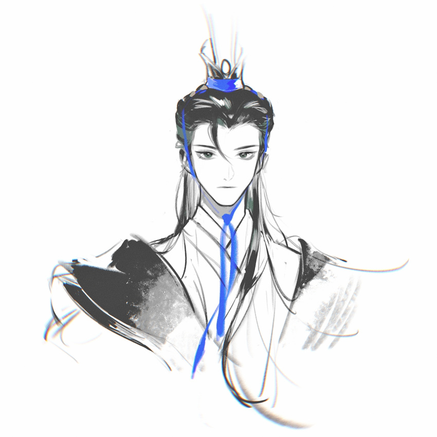 1boy, :|, black_hair, chinese_clothes, chinese_commentary, closed_mouth, commentary_request, expressions, feixuxu, green_eyes, hanfu, hat, highres, long_hair, looking_at_viewer, male_focus, portrait, qu_yuan, simple_background, solo, wang_chuan_feng_hua_lu, white_background