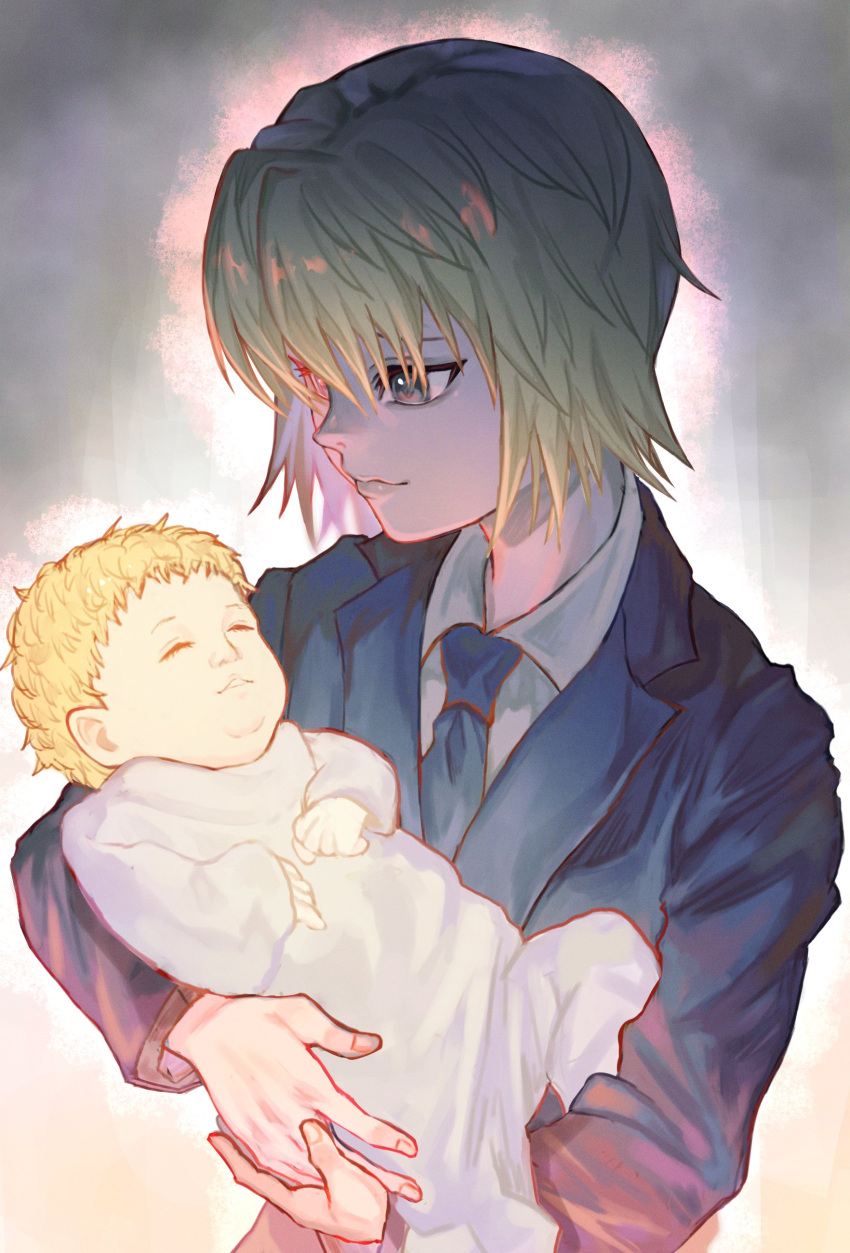 1boy, absurdres, androgynous, baby, baby_carry, bangs, black_suit, blonde_hair