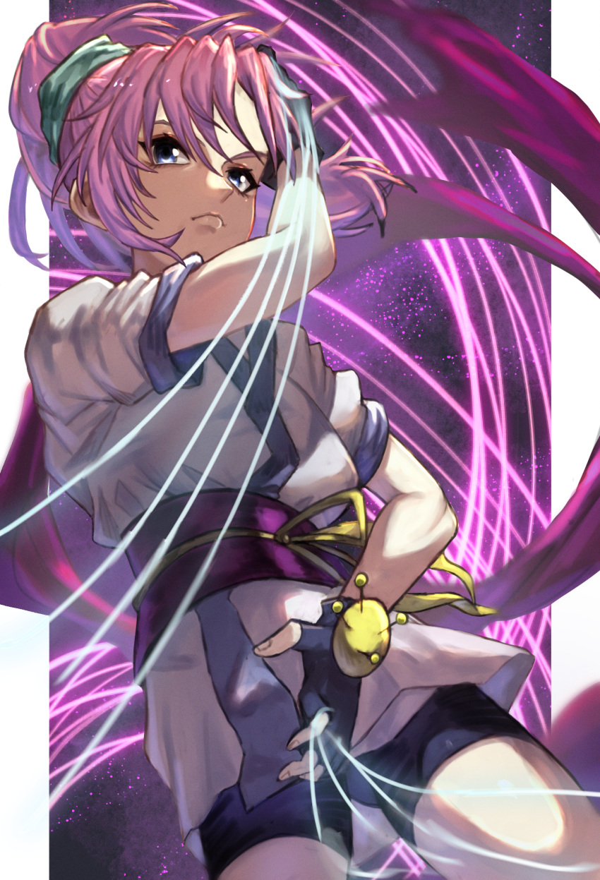1girl, bike_shorts, blue_eyes, breasts, fighting_stance, fingerless_gloves, from_below, gloves