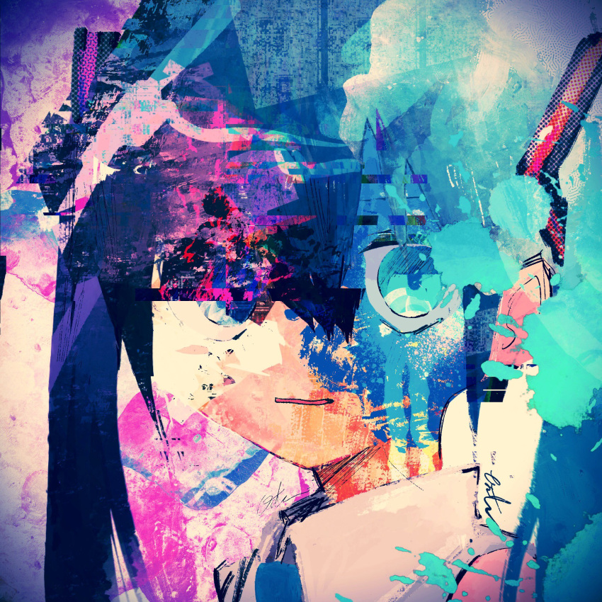 1girl, abstract, aqua_eyes, aqua_hair, bare_shoulders, blue_eyes, blue_hair, blue_necktie