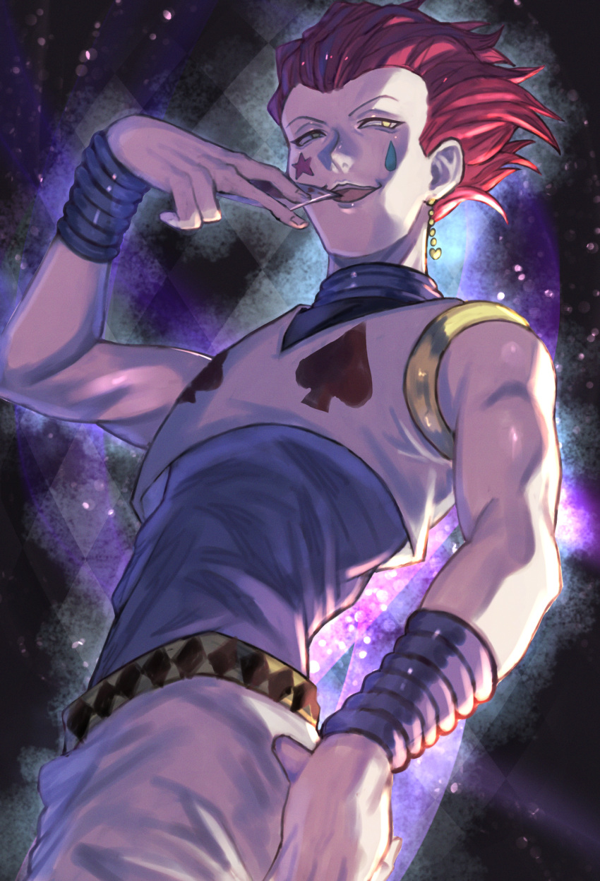 1boy, card, facepaint, facial_mark, hair_slicked_back, highres, hisoka_morow, hunter_x_hunter