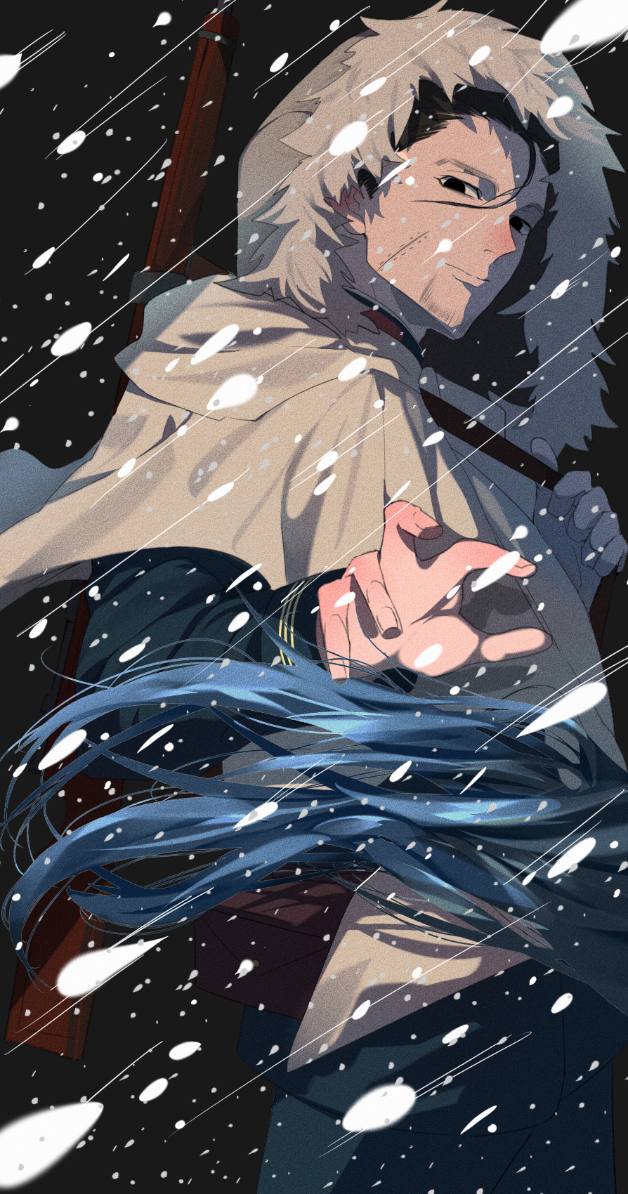 1boy, black_eyes, black_hair, blue_hair, coat, facial_hair, golden_kamuy, gun