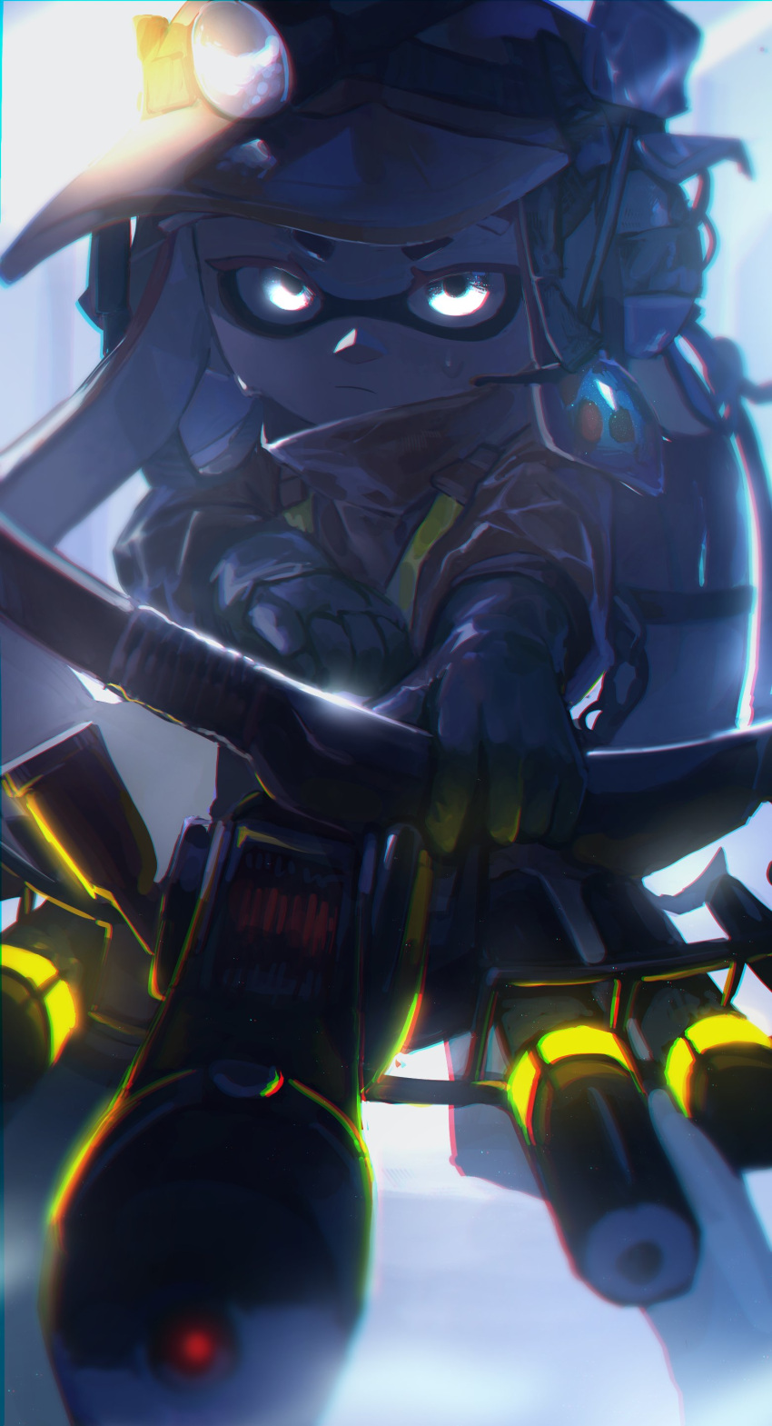 1girl, absurdres, aiming_at_viewer, asymmetrical_hair, backlighting, bangs, blue_hair, blunt_bangs, blurry, bow_(weapon), chromatic_aberration, closed_mouth, commentary, depth_of_field, earpiece, gloves, glowing, glowing_eyes, green_gloves, grizzco_stringer_(splatoon), headlamp, helmet, high-visibility_vest, highres, holding, holding_bow_(weapon), holding_weapon, inkling, inkling_girl, jumpsuit, legs_apart, lifebuoy, light, light_rays, long_hair, long_sleeves, looking_at_viewer, multicolored_hair, no_(13_10_1230), orange_hair, orange_headwear, orange_jumpsuit, salmon_run_(splatoon), sidelocks, solo, splatoon_(series), splatoon_3, standing, sweat, tentacle_hair, tentacles, two-tone_hair, vest, weapon, white_eyes, yellow_vest